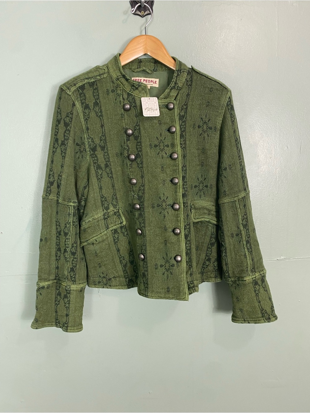 Free People Lotty Jacquard Jacket Green Military Tapestry Large - Picture 2 of 4